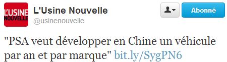 Tweet Usine nouvelle PSA Chine